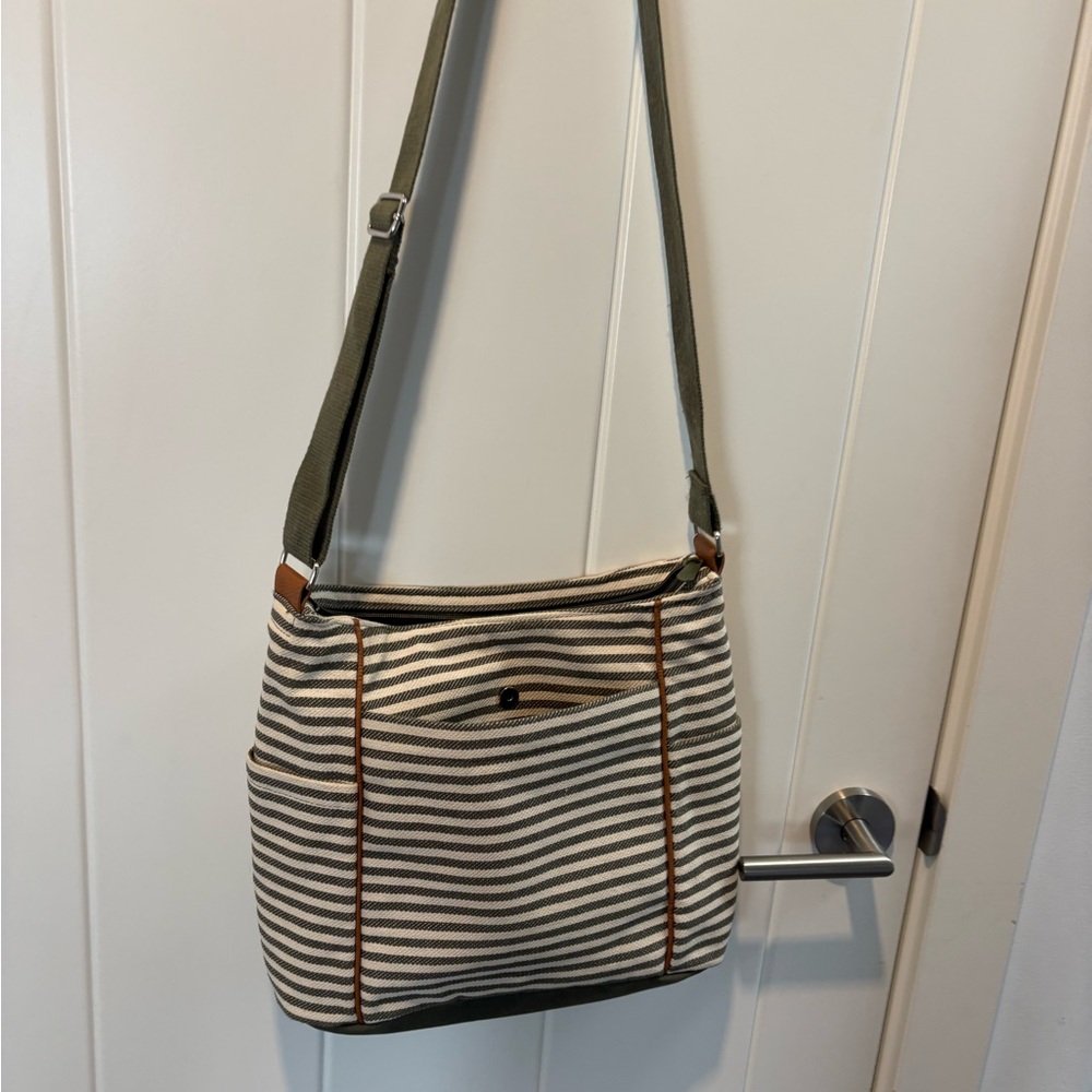 Thirty-One Striped Shoulder Bag - Olive and Brown